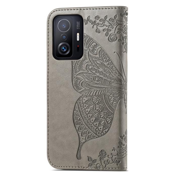 Bild 3, Xiaomi 11T / 11T Pro Fodral Läder Butterfly Grå