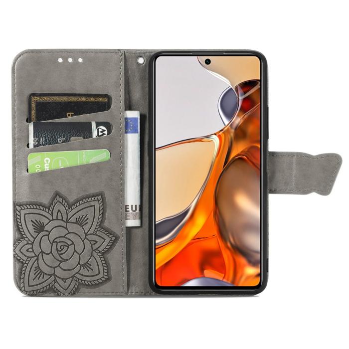 Bild 4, Xiaomi 11T / 11T Pro Fodral Läder Butterfly Grå