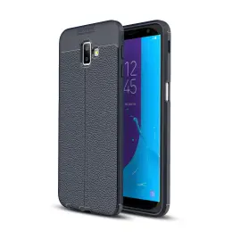 Samsung Galaxy J6 Plus - Litchi läderskal - Mörk Blå