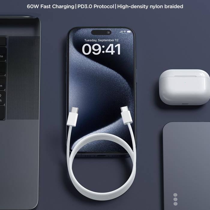 Bild 2, Joyroom 1m 60W USB-C / USB-C Nylonkabel Vit