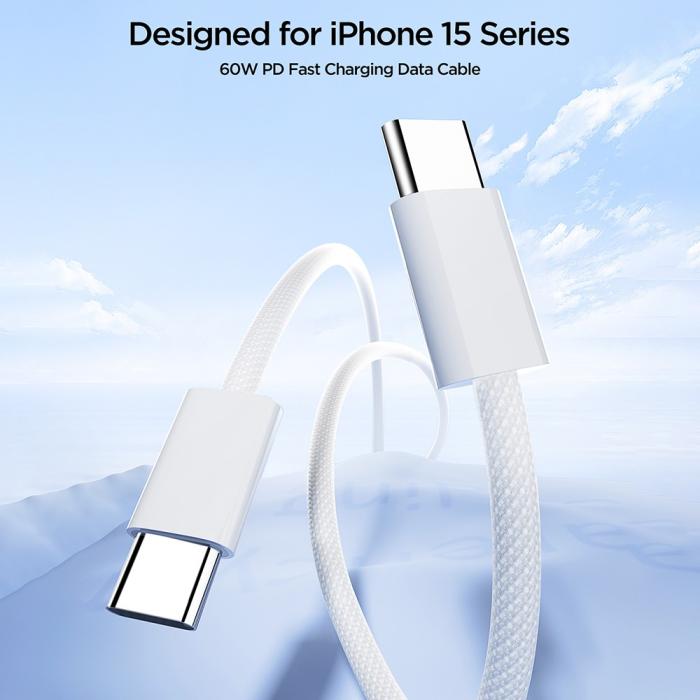 Bild 3, Joyroom 1m 60W USB-C / USB-C Nylonkabel Vit