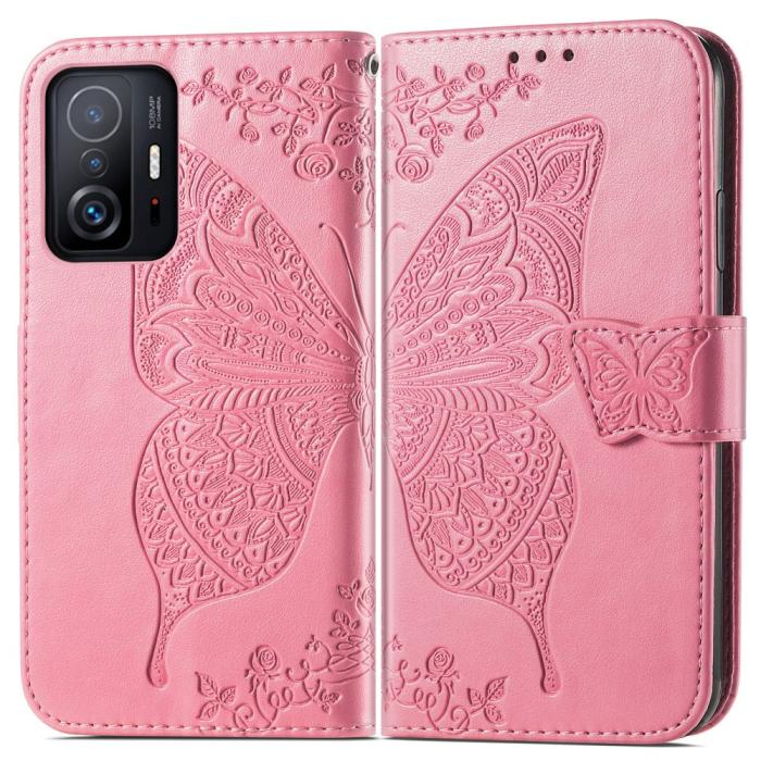 Bild 1, Xiaomi 11T / 11T Pro Fodral Läder Butterfly Rosa