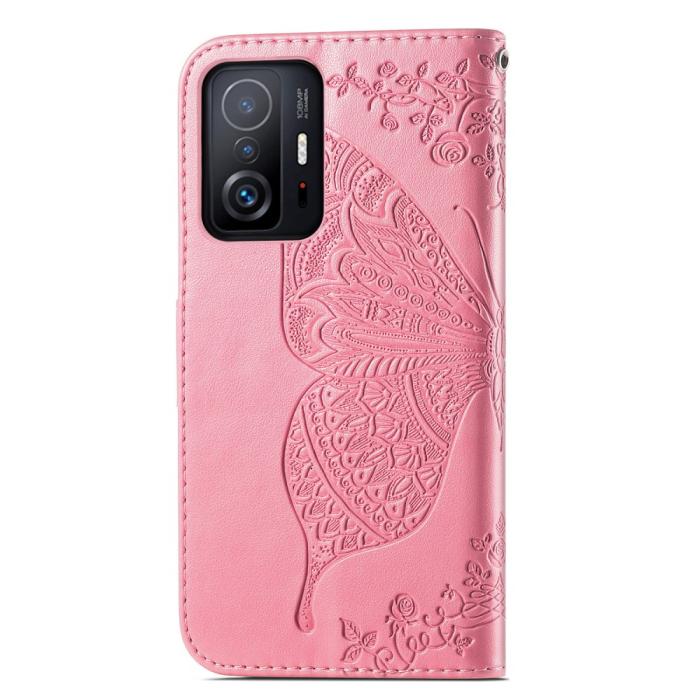 Bild 3, Xiaomi 11T / 11T Pro Fodral Läder Butterfly Rosa