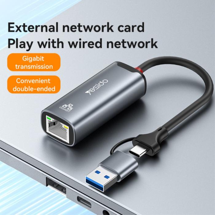 Bild 2, YESIDO 2in1 USB-C/USB-A till RJ45 Adapter Grå