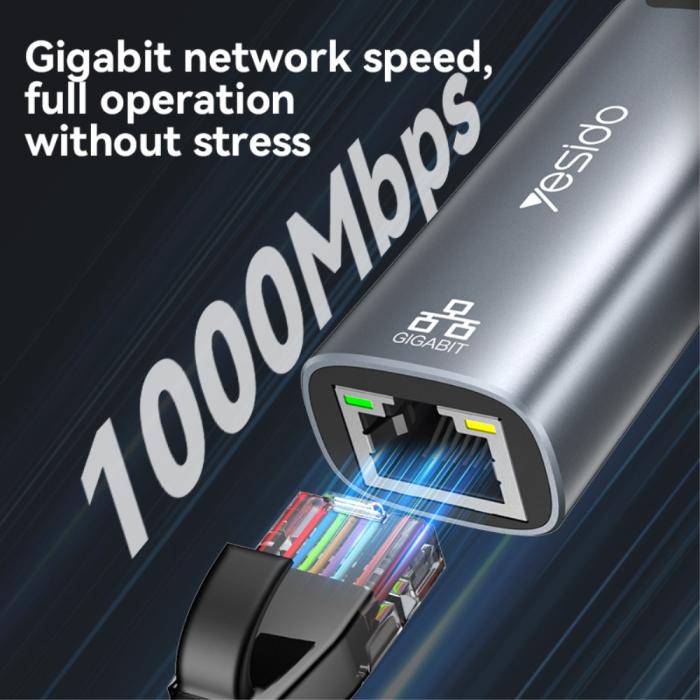 Bild 3, YESIDO 2in1 USB-C/USB-A till RJ45 Adapter Grå