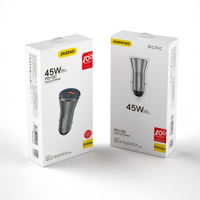 Bild 6, Dudao 45W USB-C / USB-A Billaddare PD QC Grå