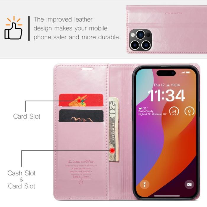 Bild 5, CASEME iPhone 16 Pro Fodral Oil Wax Flip Rosa