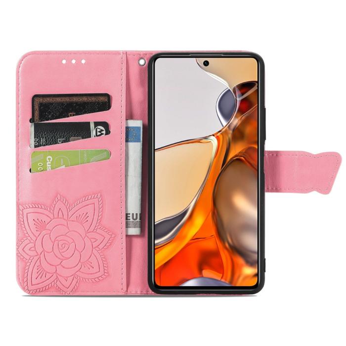 Bild 4, Xiaomi 11T / 11T Pro Fodral Läder Butterfly Rosa