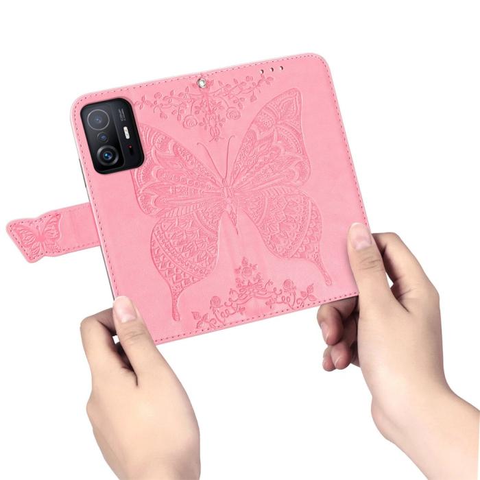 Bild 6, Xiaomi 11T / 11T Pro Fodral Läder Butterfly Rosa