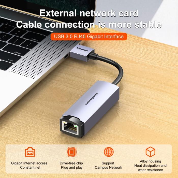 Bild 2, MINDPURE USB-A 3.0 - RJ45 Nätverksadapter Grå