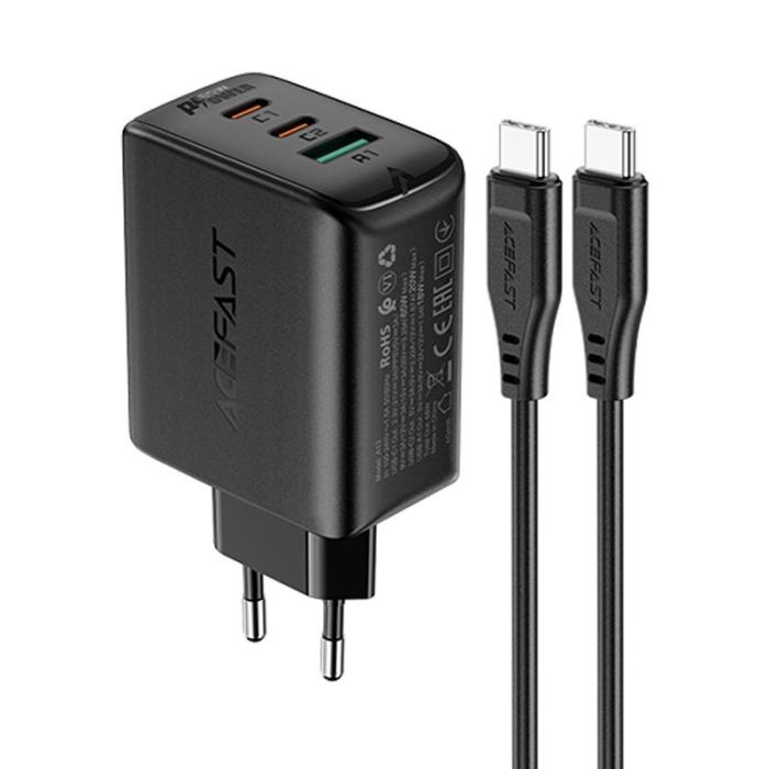 Bild 1, Acefast 65W Väggladdare 2x USB-C & 1x USB-A Ink. 1.2m USB-C Kabel - Svart
