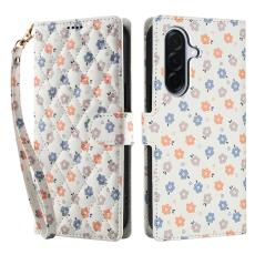 Samsung Galaxy A57 5G Fodral Rhombus L&auml;der Blommor Vit