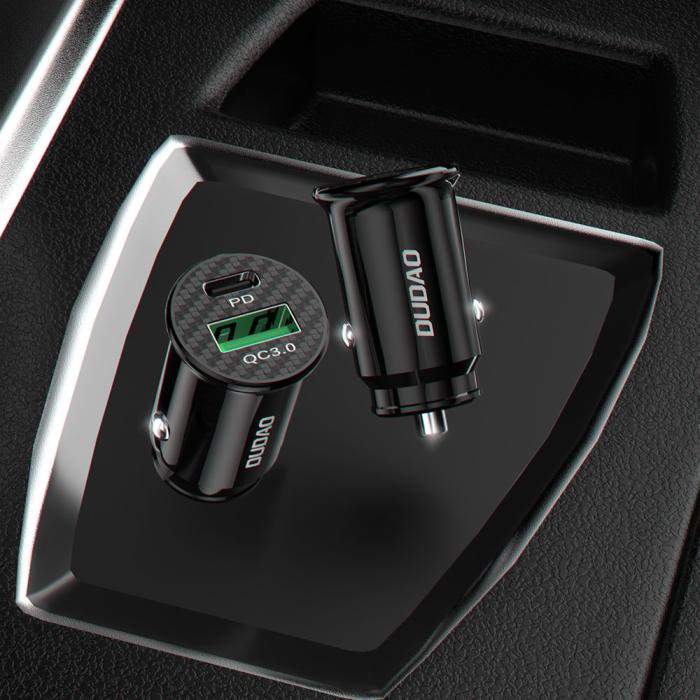 Bild 4, Dudao 20W PD QC Snabbladdare USB-C / USB-A Billaddare Svart