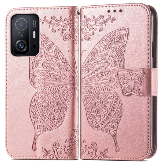 Bild 1, Xiaomi 11T / 11T Pro Fodral Läder Butterfly Roséguld