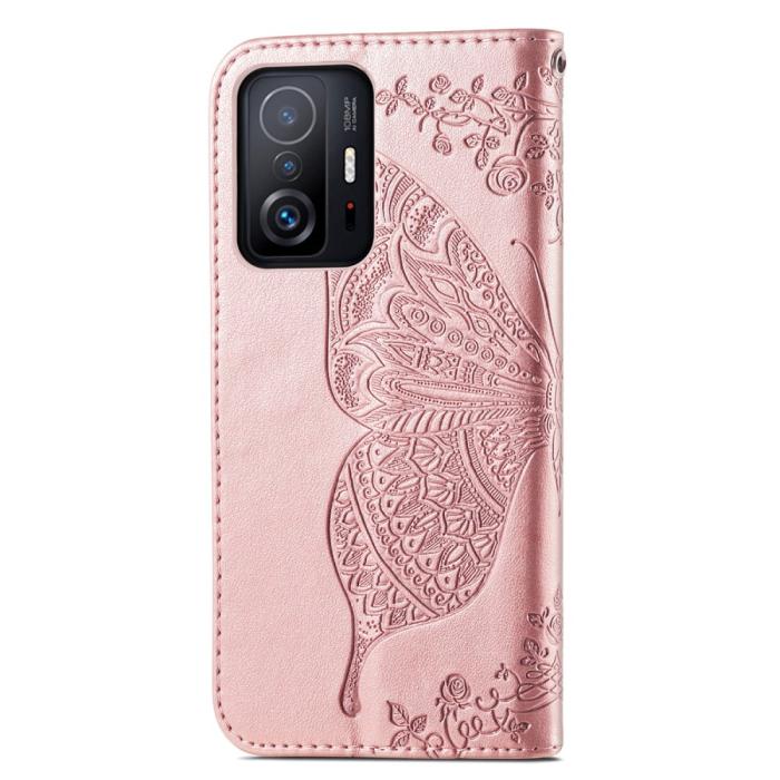 Bild 3, Xiaomi 11T / 11T Pro Fodral Läder Butterfly Roséguld
