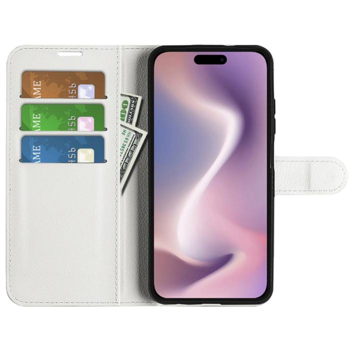 Bild 2, iPhone 16 Pro Max Fodral Litchi Läder Textur Vit