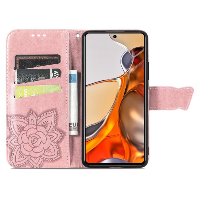 Bild 4, Xiaomi 11T / 11T Pro Fodral Läder Butterfly Roséguld