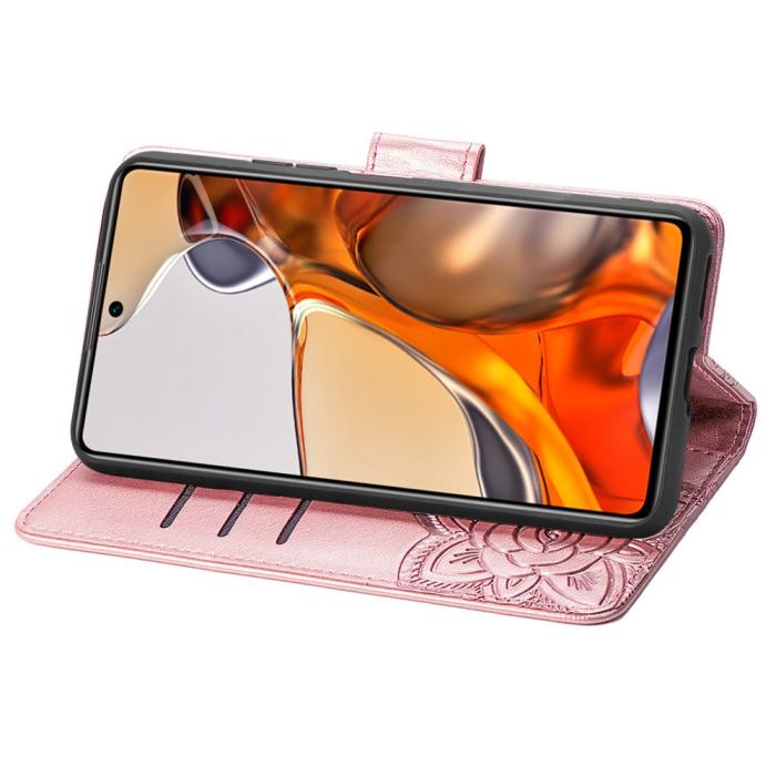 Bild 5, Xiaomi 11T / 11T Pro Fodral Läder Butterfly Roséguld