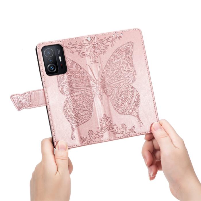 Bild 6, Xiaomi 11T / 11T Pro Fodral Läder Butterfly Roséguld