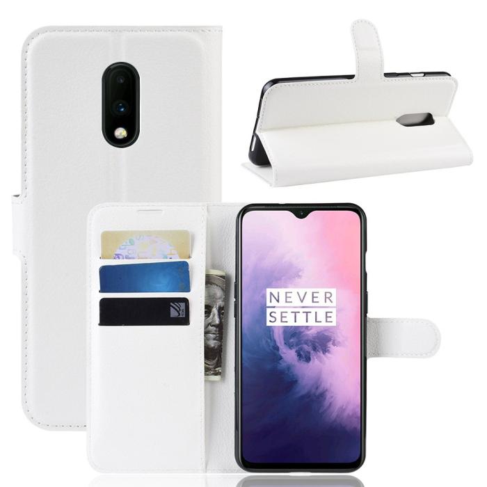 Bild 1, OnePlus 7 - Litchi Plånboksfodral - Vit