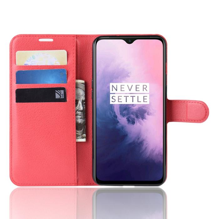 Bild 4, OnePlus 7 - Litchi Plånboksfodral - Röd