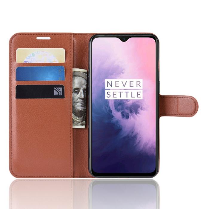 Bild 4, OnePlus 7 - Litchi Plånboksfodral - Brun