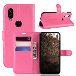 Motorola One Vision - Litchi Plånboksfodral - Rosa