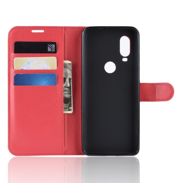 Bild 3, Motorola One Vision - Litchi Plånboksfodral - Röd