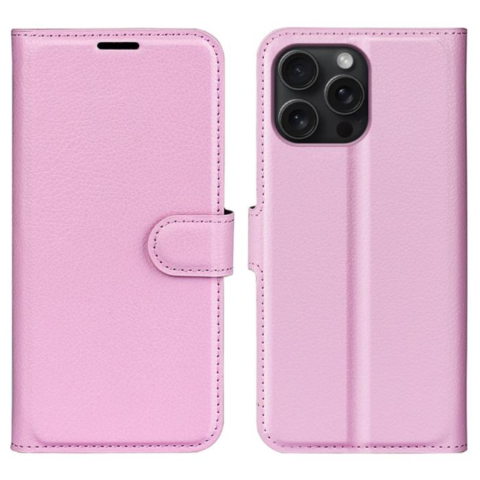 Bild 1, iPhone 16 Pro Max Fodral Litchi Läder Textur Ljus Rosa