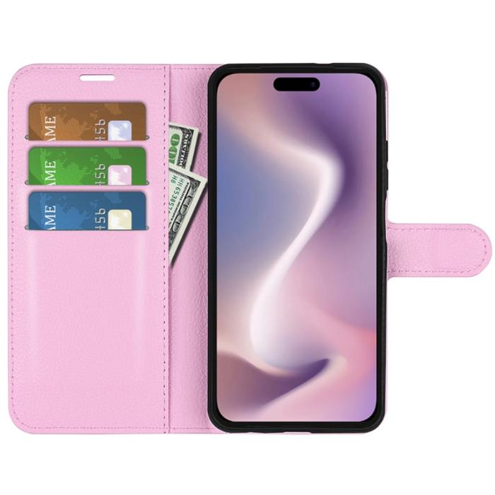 Bild 2, iPhone 16 Pro Max Fodral Litchi Läder Textur Ljus Rosa