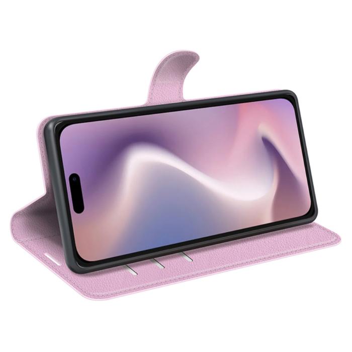 Bild 3, iPhone 16 Pro Max Fodral Litchi Läder Textur Ljus Rosa