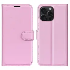 iPhone 16 Pro Max Fodral Litchi L&auml;der Textur Ljus Rosa