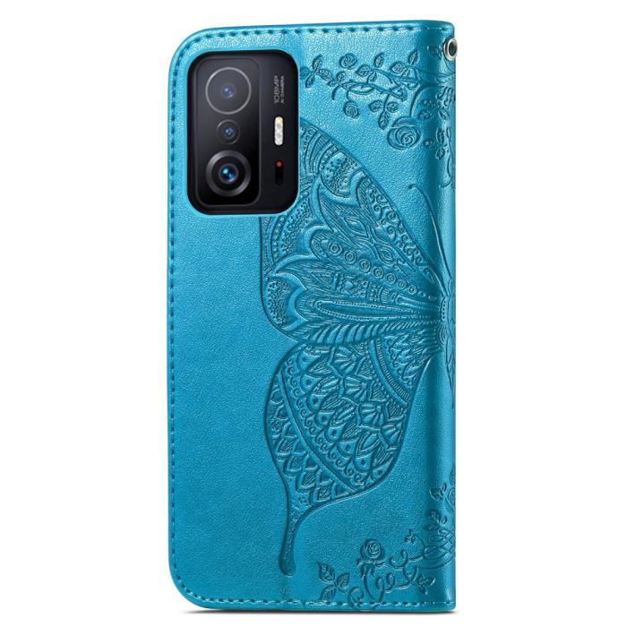 Bild 3, Xiaomi 11T / 11T Pro Fodral Läder Butterfly Blå
