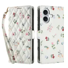 iPhone 17 Fodral Rhombus L&auml;der Blommor Vit