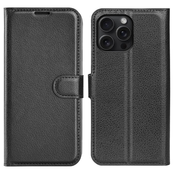 Bild 1, iPhone 16 Pro Max Fodral Litchi Läder Textur Svart