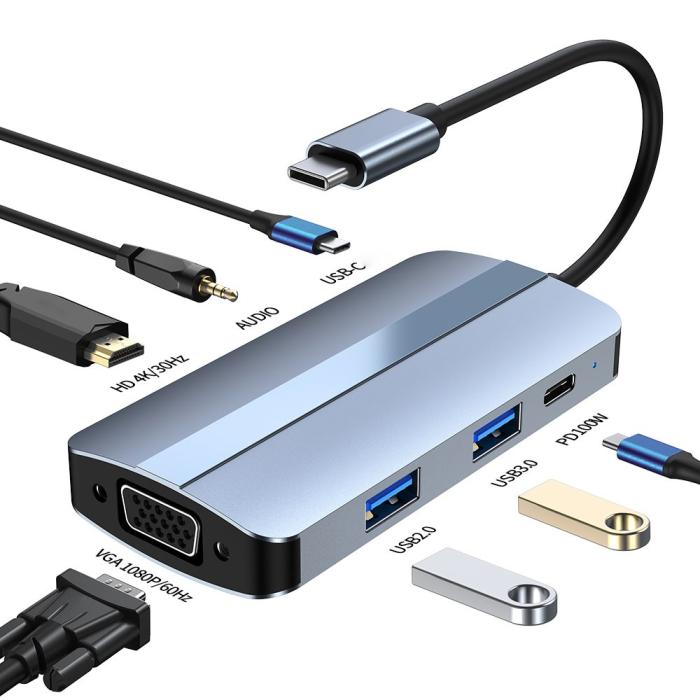 Bild 2, 7in1 100W USB-C Dockningsstation VGA/USB-C/USB 3.0 Blå