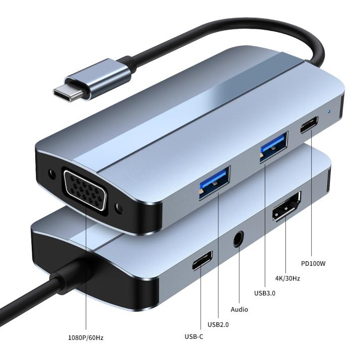Bild 3, 7in1 100W USB-C Dockningsstation VGA/USB-C/USB 3.0 Blå
