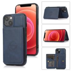 iPhone 14 Läder Skal Med Kortfack Och Magnet Blå