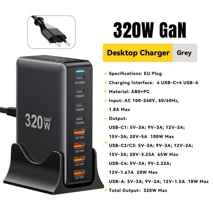 Bild 2, ESSAGER 320W Laddningsstation USB-C / USB-A Svart