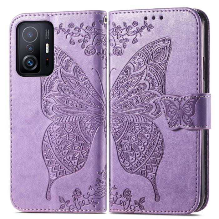 Bild 1, Xiaomi 11T / 11T Pro Fodral Läder Butterfly Ljus Lila