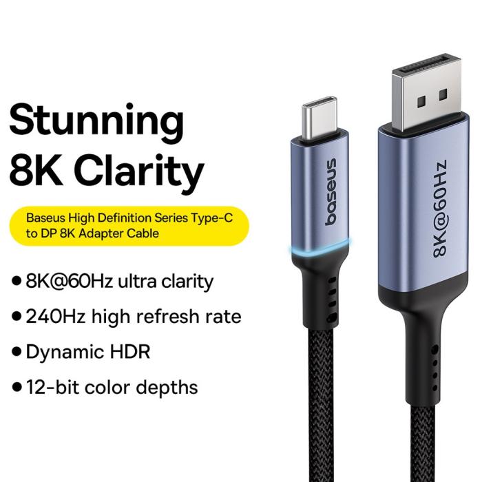 Bild 2, Baseus 1.5m USB-C - DisplayPort Nylon Kabel 8K 60Hz Svart