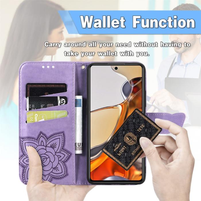 Bild 6, Xiaomi 11T / 11T Pro Fodral Läder Butterfly Ljus Lila