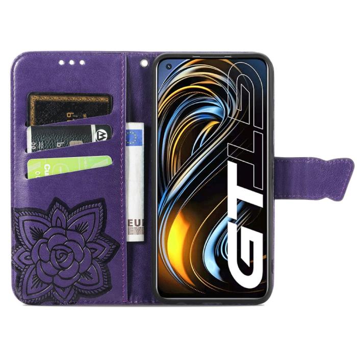Bild 5, Realme GT 5G - Butterfly Läder Fodral - Mörk Lila