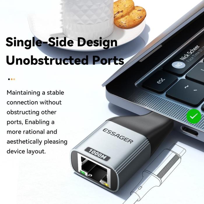 Bild 2, ESSAGER USB-C Hona Till RJ45 Adapter Grå