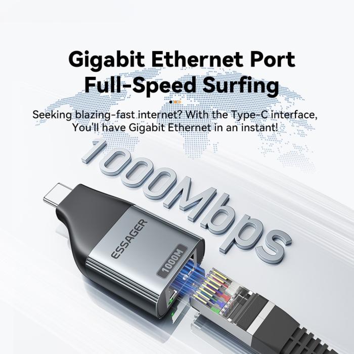 Bild 3, ESSAGER USB-C Hona Till RJ45 Adapter Grå