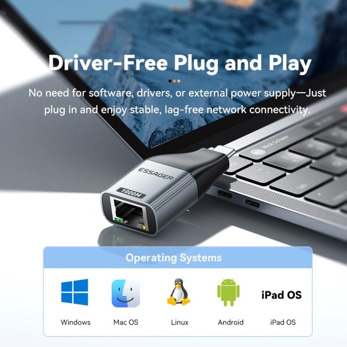 Bild 4, ESSAGER USB-C Hona Till RJ45 Adapter Grå