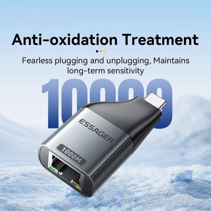 Bild 5, ESSAGER USB-C Hona Till RJ45 Adapter Grå