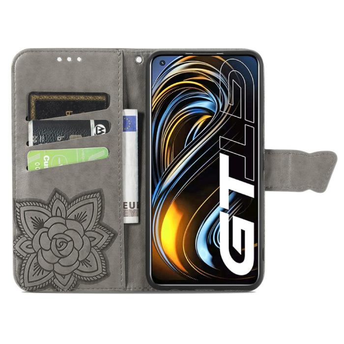 Bild 5, Realme GT 5G - Butterfly Läder Fodral - Grå