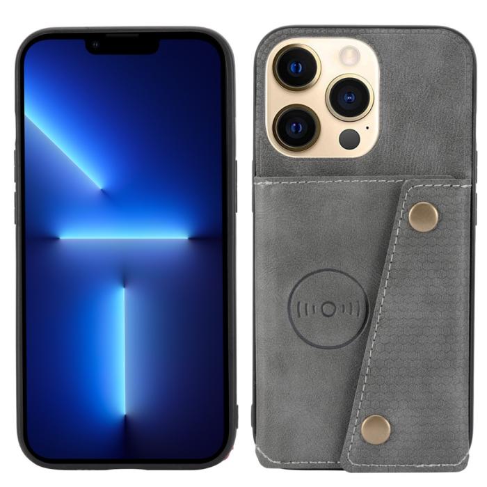 Bild 1, iPhone 13 Pro Max Skal Läder Med Kortfack Och Magnet Grå