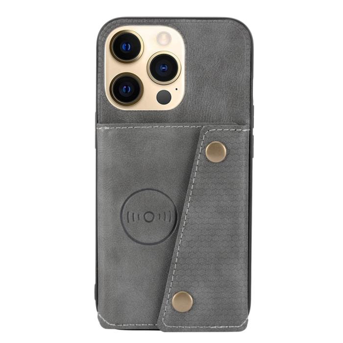 Bild 2, iPhone 13 Pro Max Skal Läder Med Kortfack Och Magnet Grå